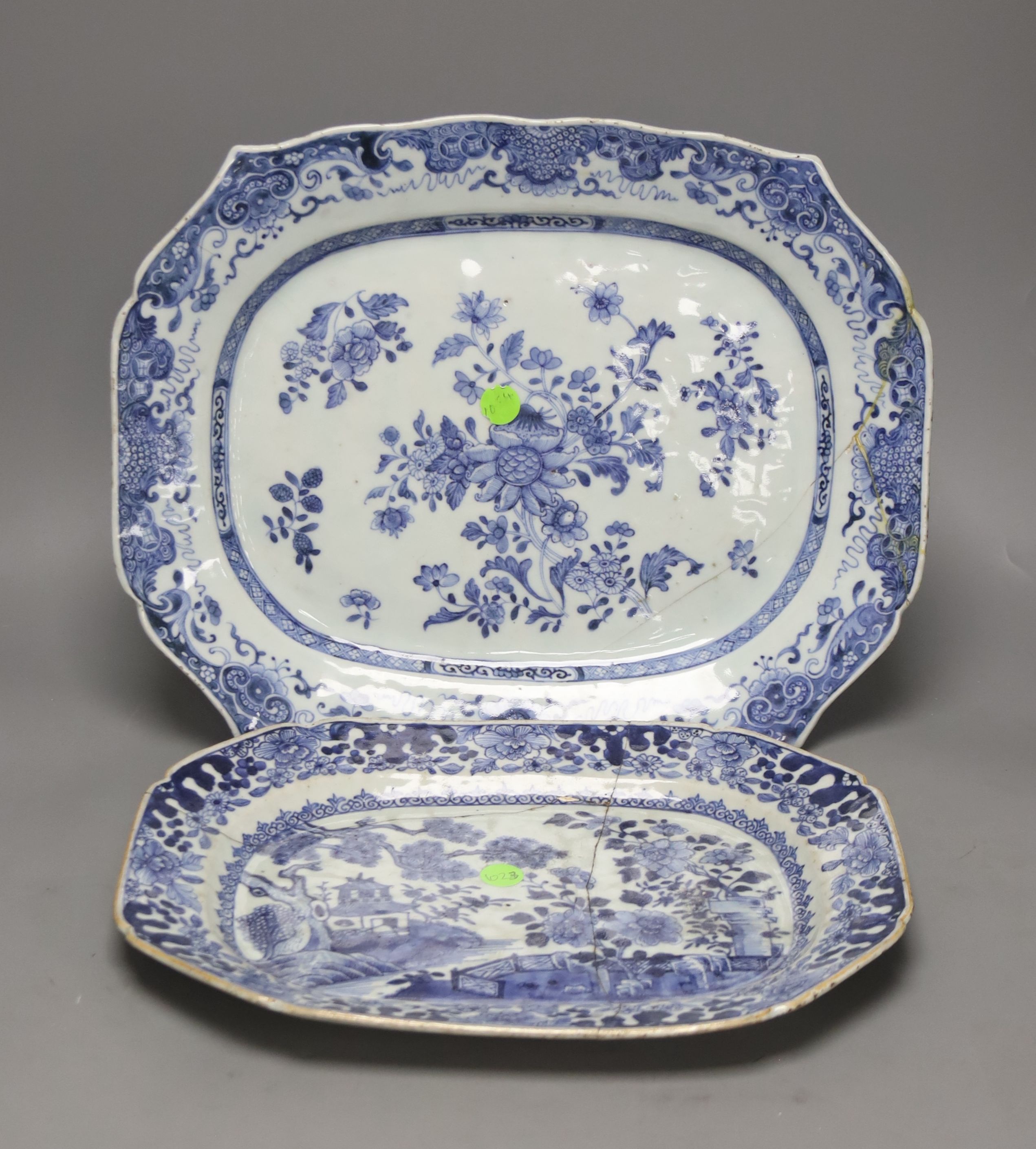 Two 18th century Chinese blue and white meat dishes, length 38.5cm